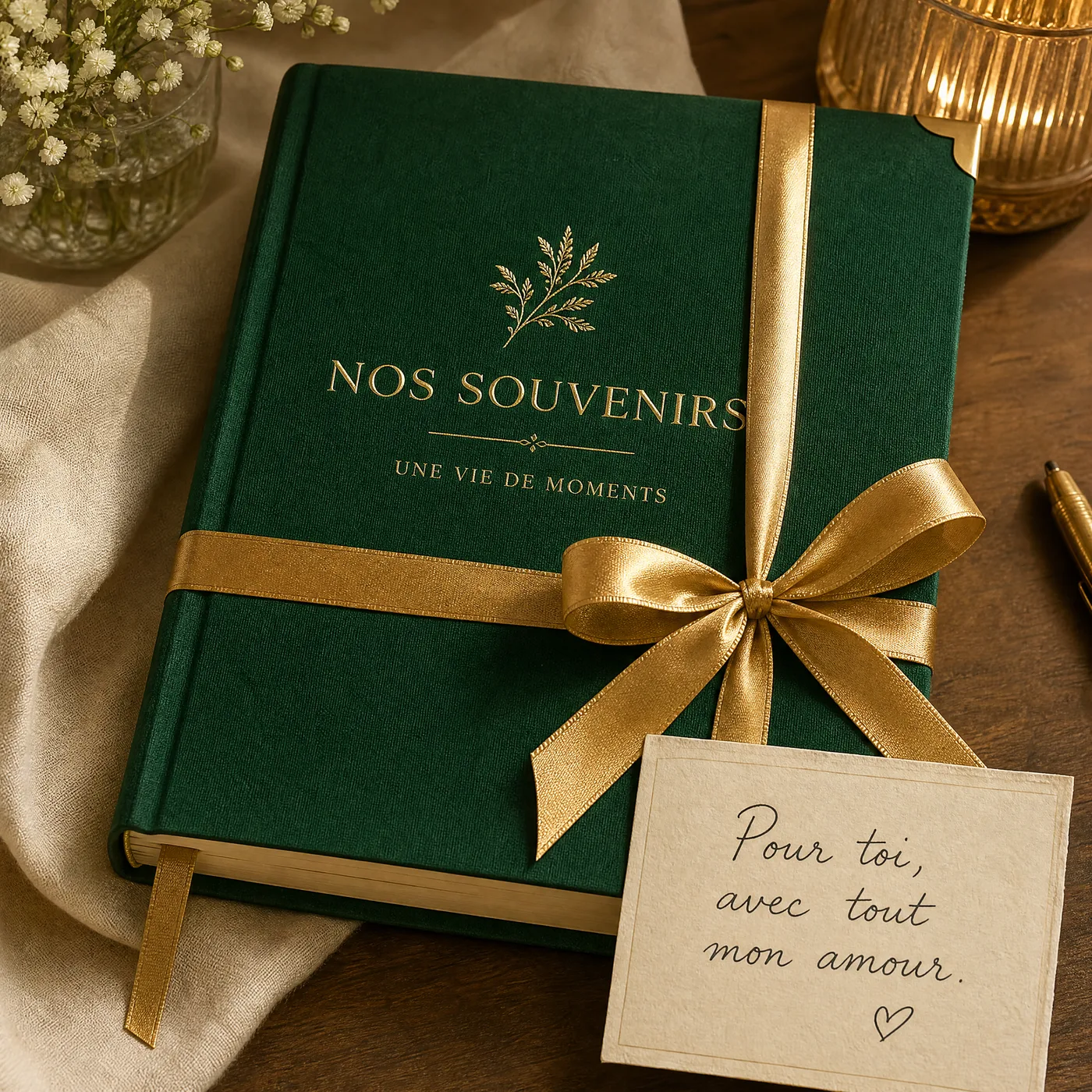 Livre de mémoire Nostoria offert en cadeau, entouré d'un ruban