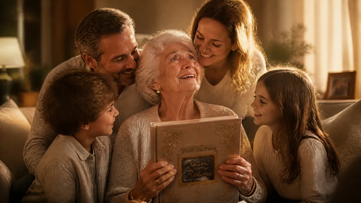 Trois générations d'une famille découvrant ensemble leur livre de mémoire Nostoria