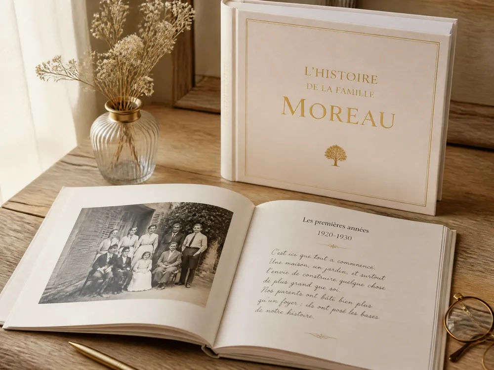 Livre de mémoire familiale Nostoria posé sur une table en bois, à côté d'un livre ouvert